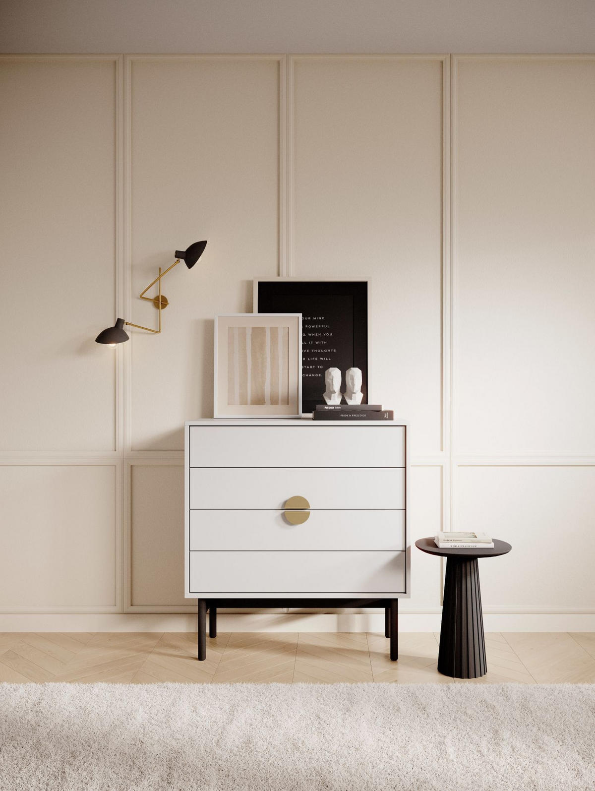KOMMODE Stoon Weiß / Schwarz mit 4 Schubladen 85,5 cm - Goldfarben/Schwarz, Holzwerkstoff/Metall (85.5/91.9/38cm) - Selsey