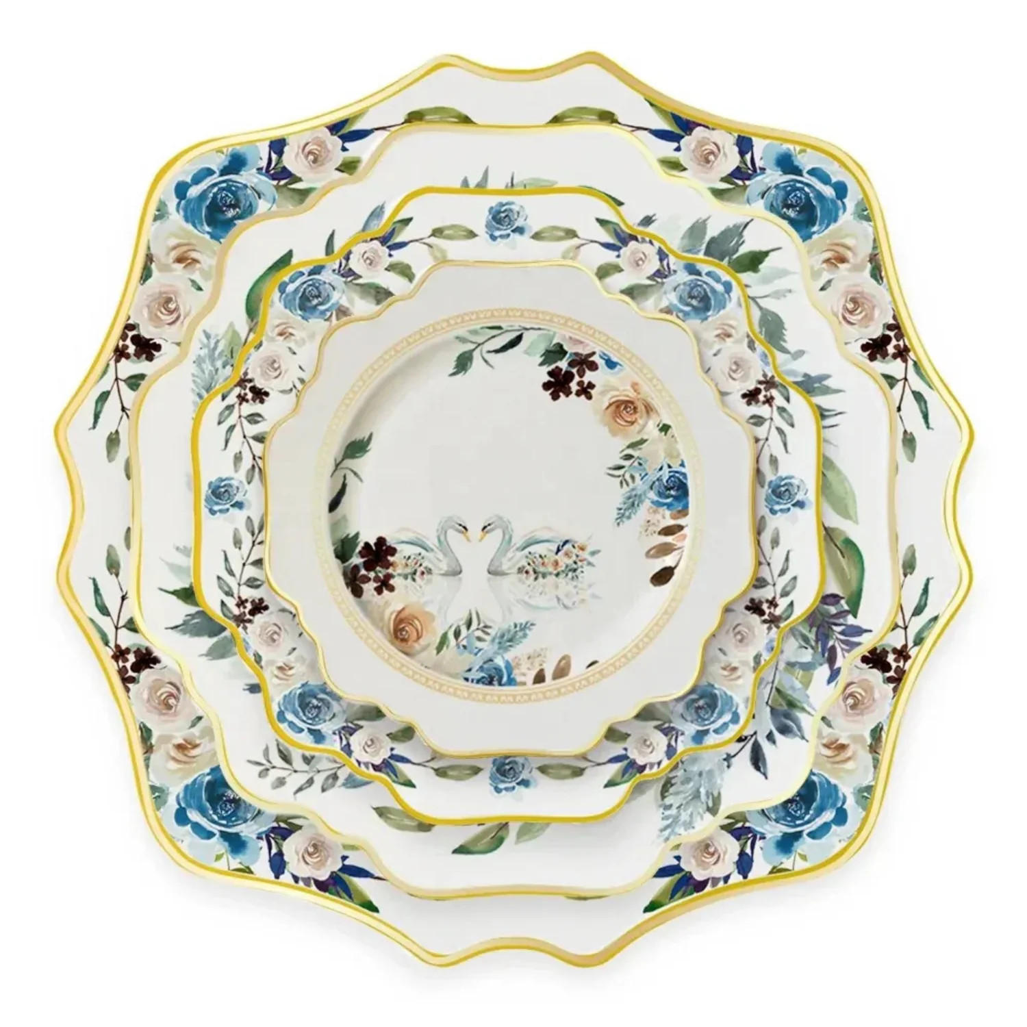 TELLERSET Blumengeschirr Bone China Weiß Gold 4tlg Ø30 Ø27 Ø20 Ø16 c - Roségold/Goldfarben, Keramik (30/2/2cm) - Quality Elegance