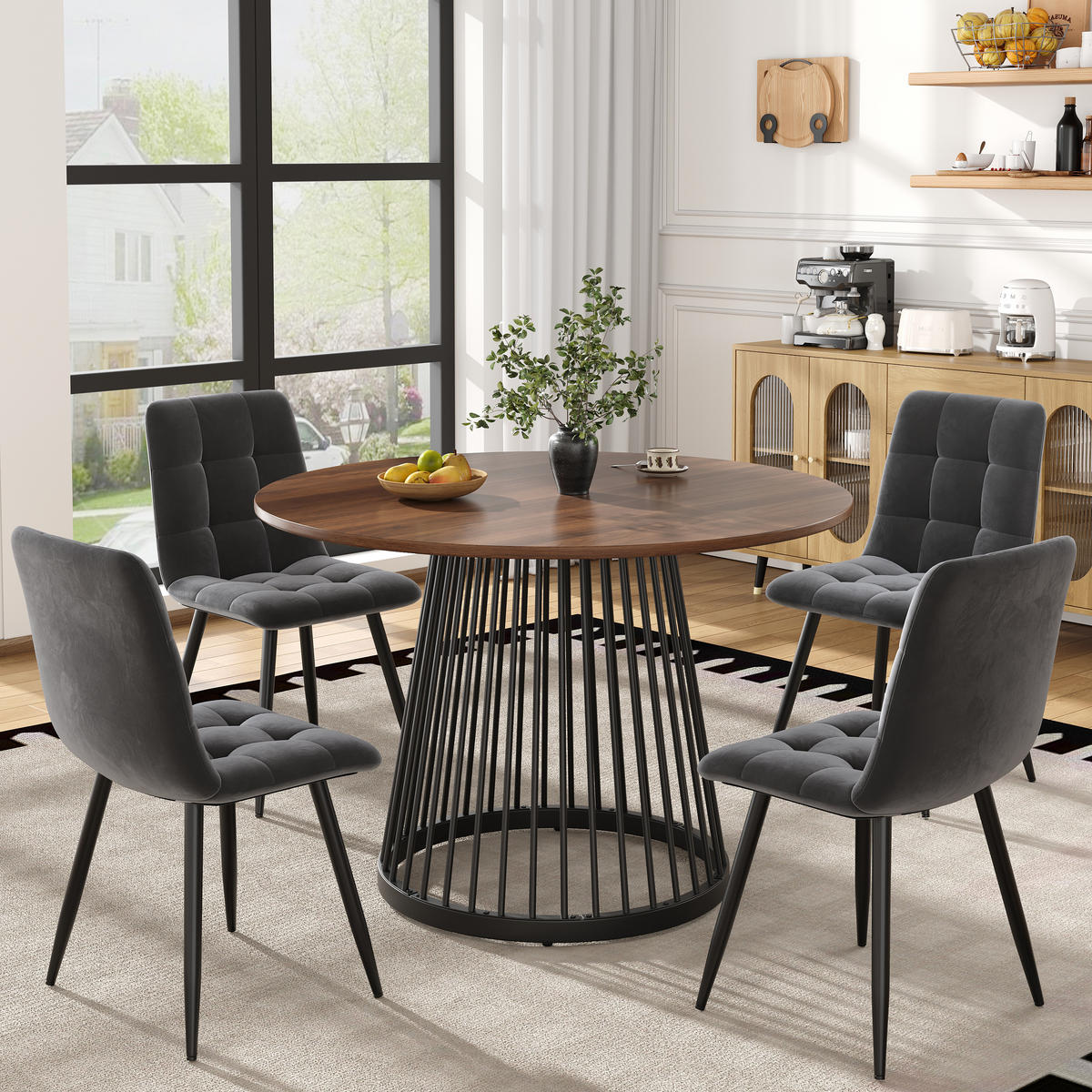 ESSTISCHSET 5-Teilig Rund 80 Cm, Walnuss MDF, 4 Samtstühle - Walnussfarben, Metall (80/76/80cm) - FLIEKS