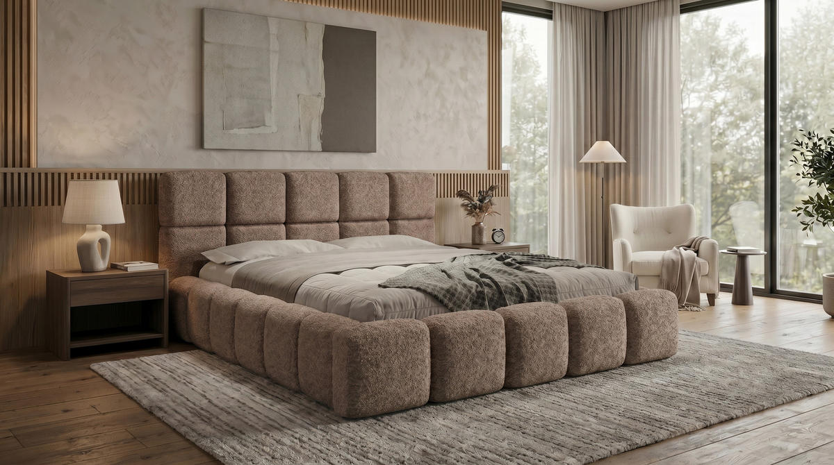POLSTERBETT LOMBA 200x200 cm mit Bettkasten und Metall-Lattenrost – Bouclé Stoff Arena Taupe - Taupe, Textil (200/200cm) - Luxkor24