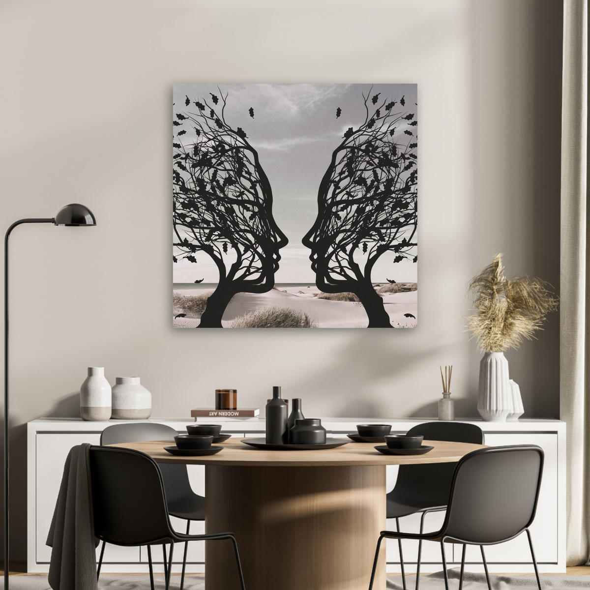 AKUSTIKBILD Strand - Meer - Menschen - Baum - Moderne Kunst Akustikpaneele 80x80 cm - Hellgrau, Kunststoff (80/80/0.9cm) - MuchoWow