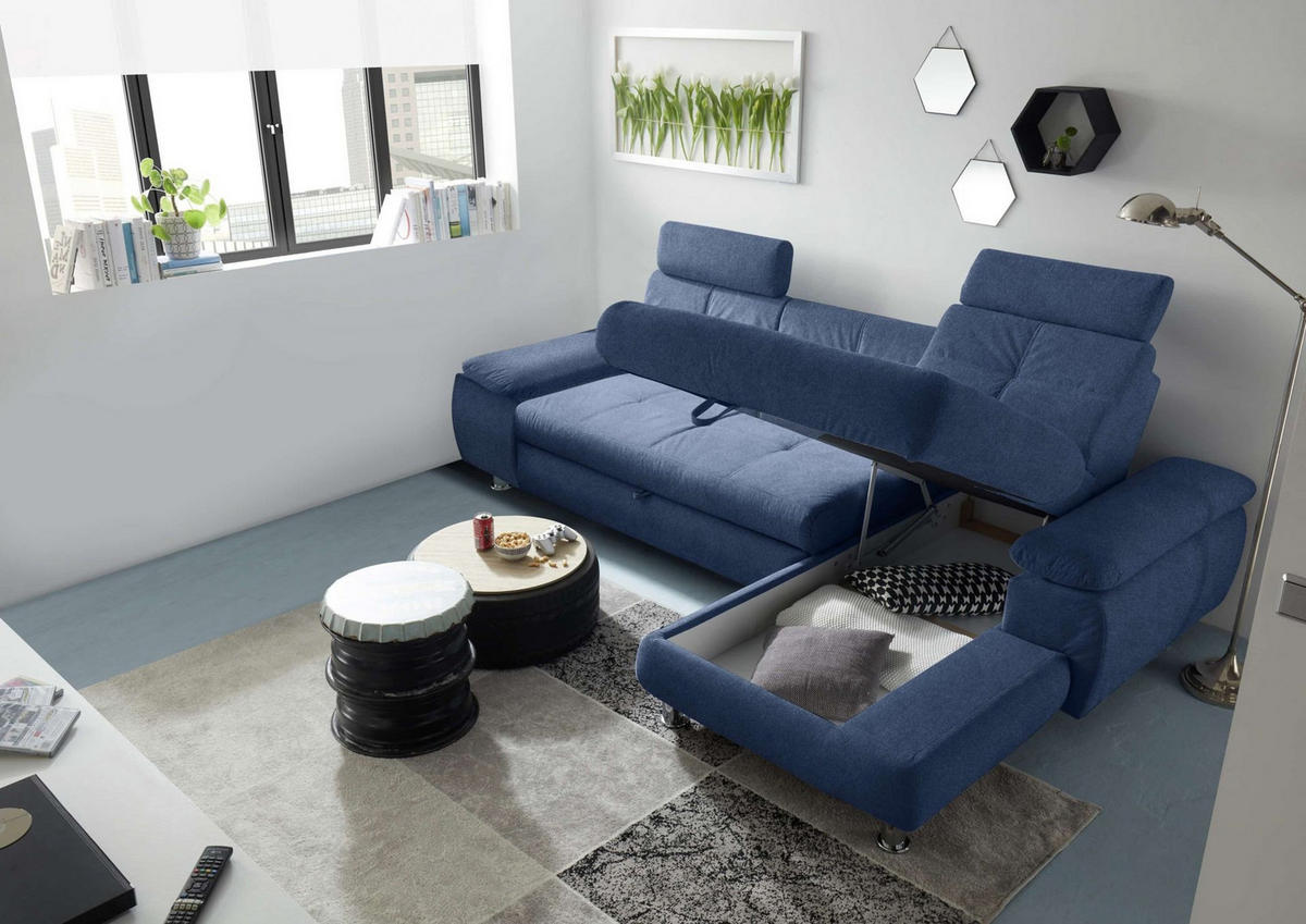 ECKSOFA mit Schlaffunktion und Bettkasten, Brego-Stoff - Chromfarben/Blau, Textil/Metall (177/274cm) - ed exciting design