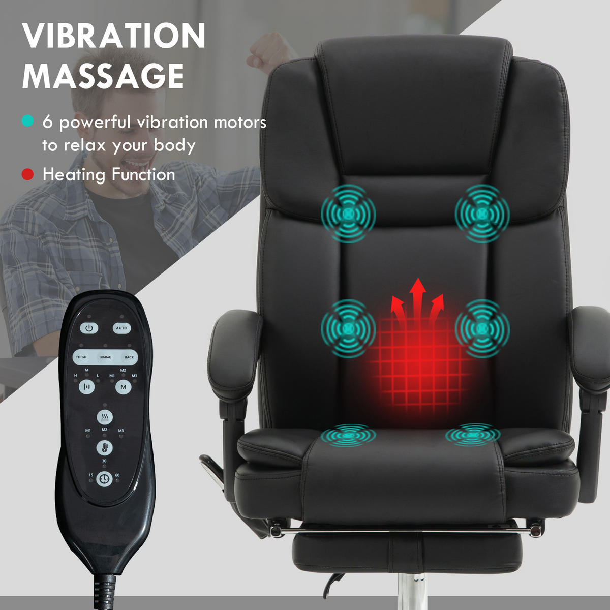 KANCELÁŘSKÁ ŽIDLE s masážní funkcí PC židle s vyhříváním a funkcí polohování Černá - černá/stříbrná, kov/plast (67/126/66cm) - Vinsetto