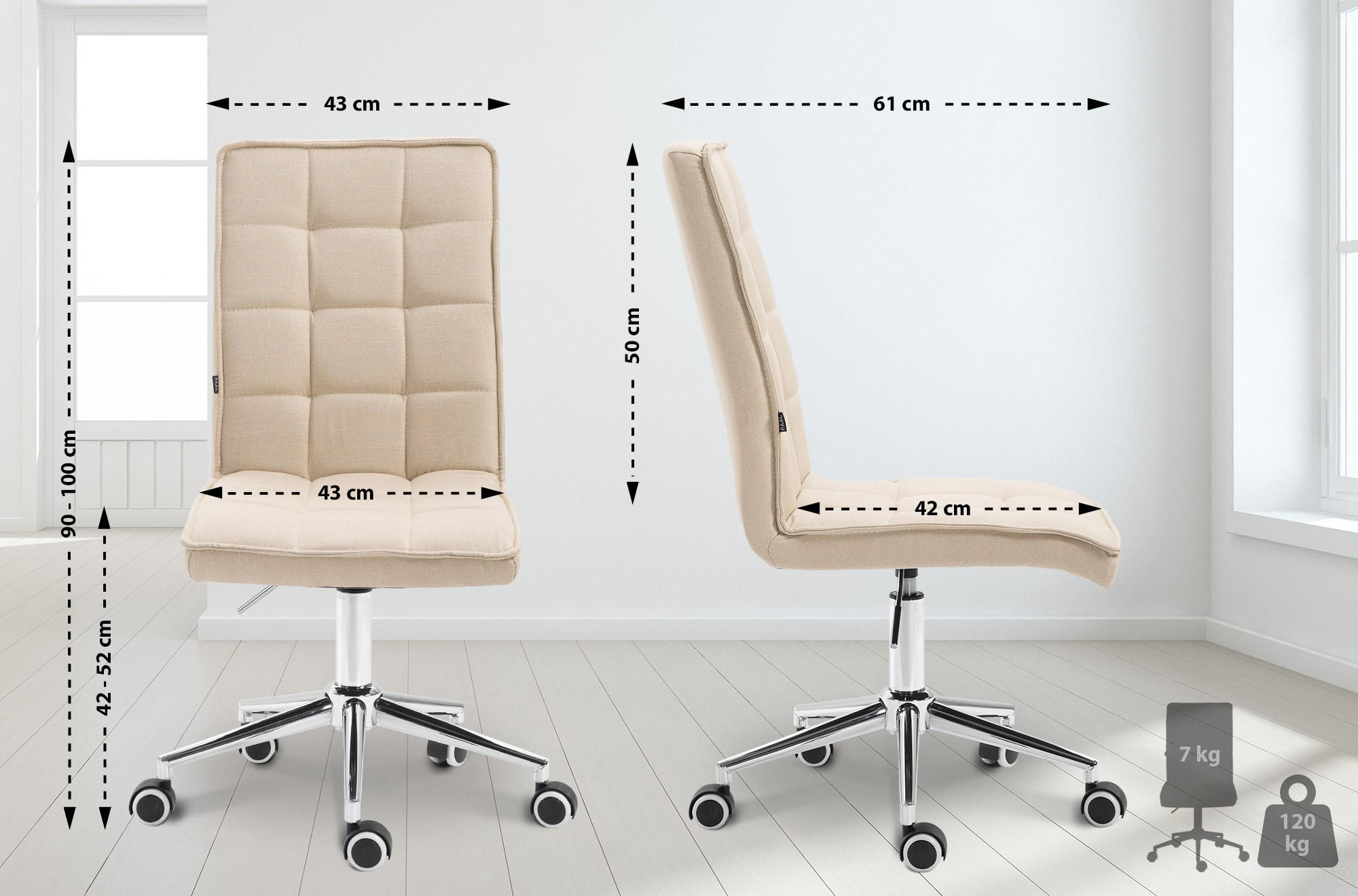 DREHSTUHL Stoff creme - Chromfarben/Creme, Textil/Metall (43/90/61cm) - CLP