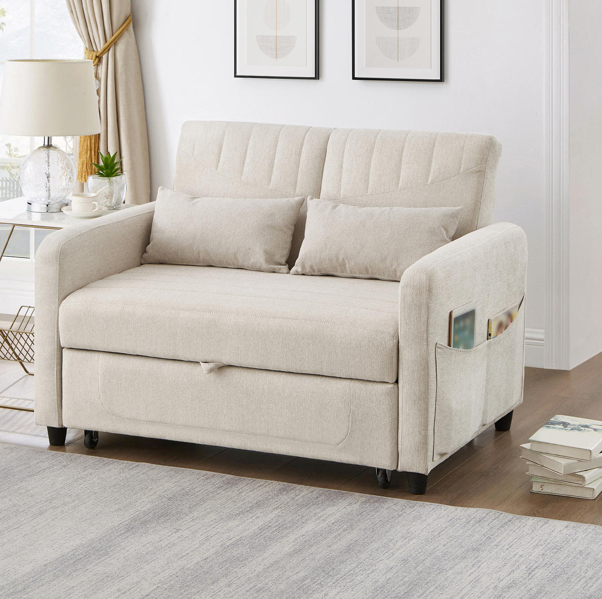 SOFABETT mit Schlaffunktion 166x95 cm Baumwoll-Leinen Beige - Beige, Metall (77/82.5/114cm) - Meubliv