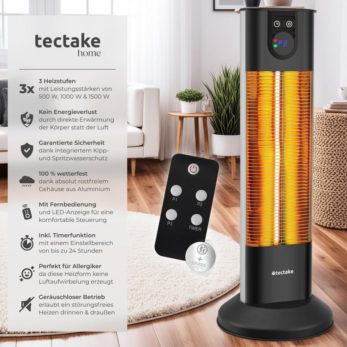 INFRAROTHEIZSTRAHLER Solaris Terra,29 x 29 x 76,5 cm,schwarz - Schwarz, Metall (29/76.5/29cm) - tectake