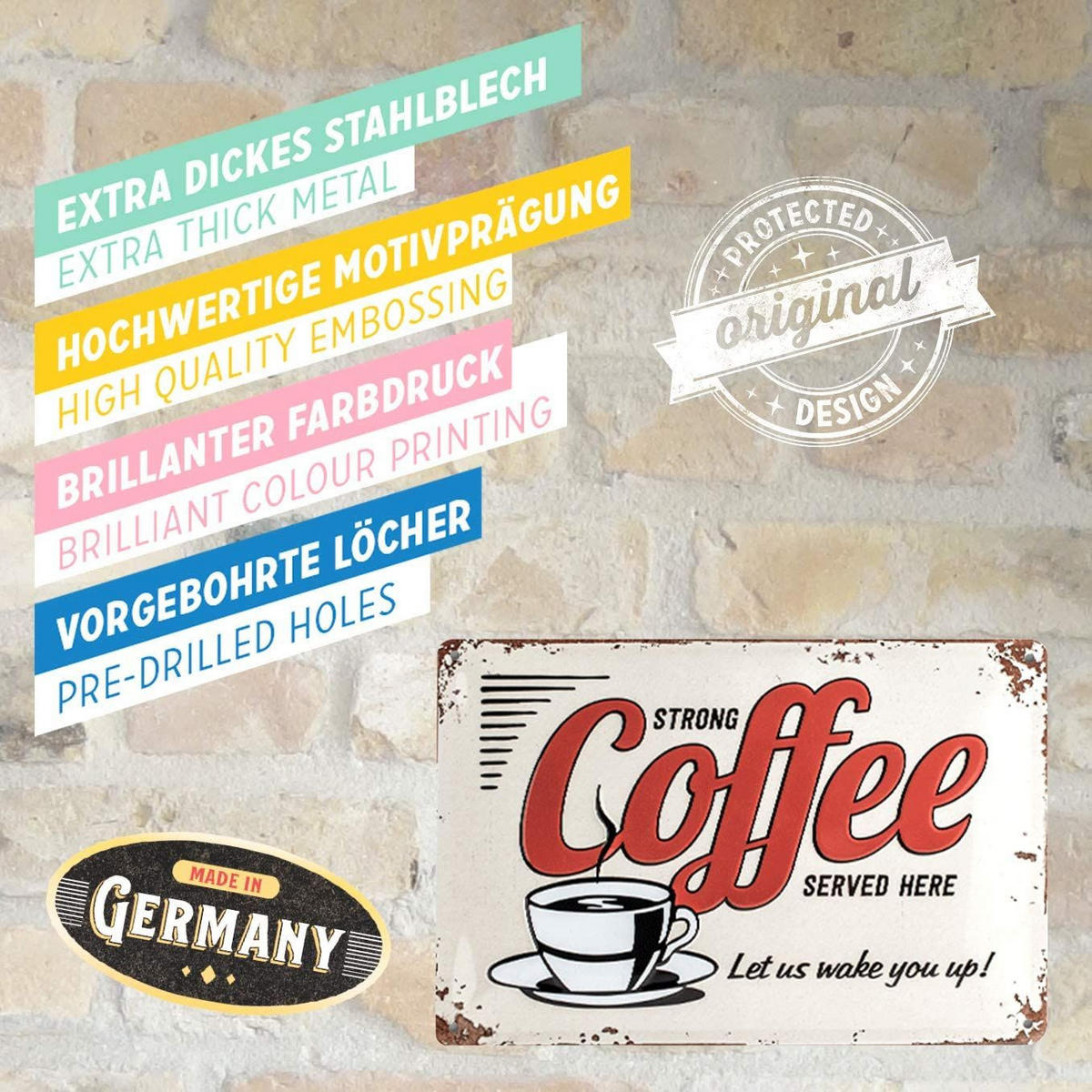 BLECHSCHILD 20/30 cm USA Strong Coffee Served Here - Multicolor, Metall (30/20/0.2cm) - Nostalgic-Art