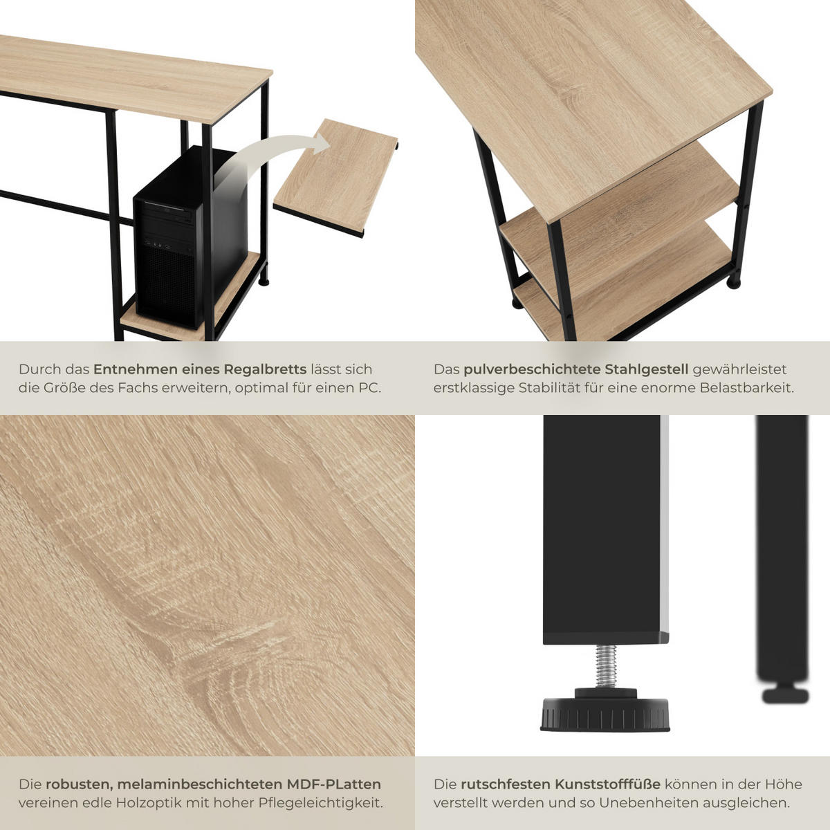 SCHREIBTISCH Donegal,140 x 60 x 76,5 cm,Industrial Holz hell, Eiche Sonoma - Naturfarben, Holz (140/60/76.5cm) - tectake