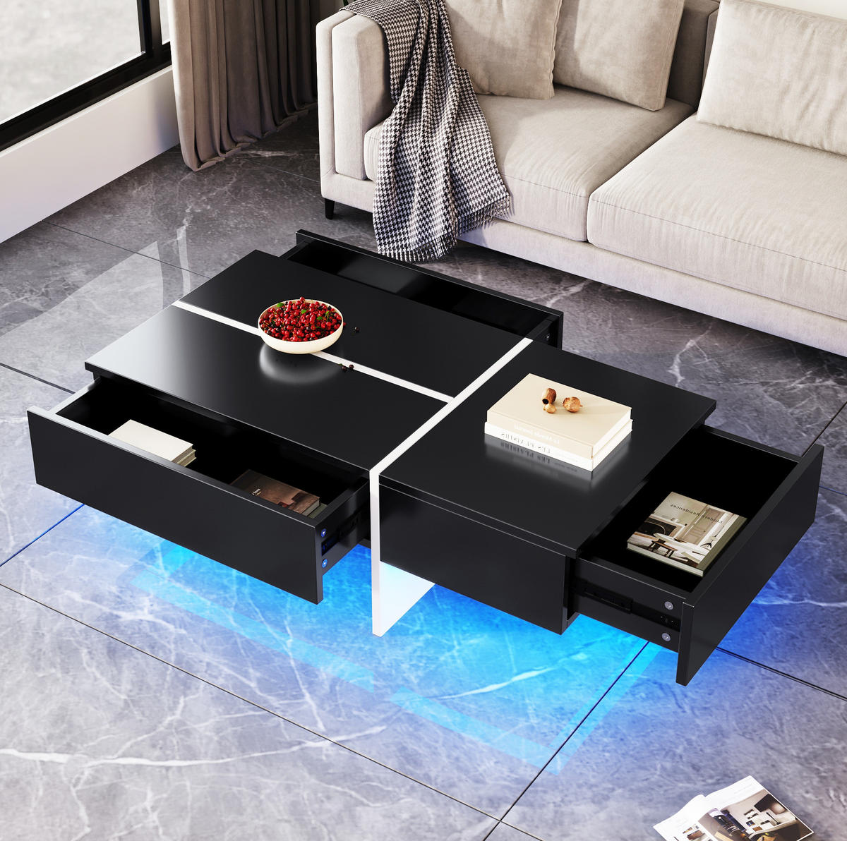 COUCHTISCH aus Spanplatte 100x50x34,5 cm in Schwarz mit LED-Beleuchtung - Schwarz, Holzwerkstoff (100/50/34.5cm) - Modfu