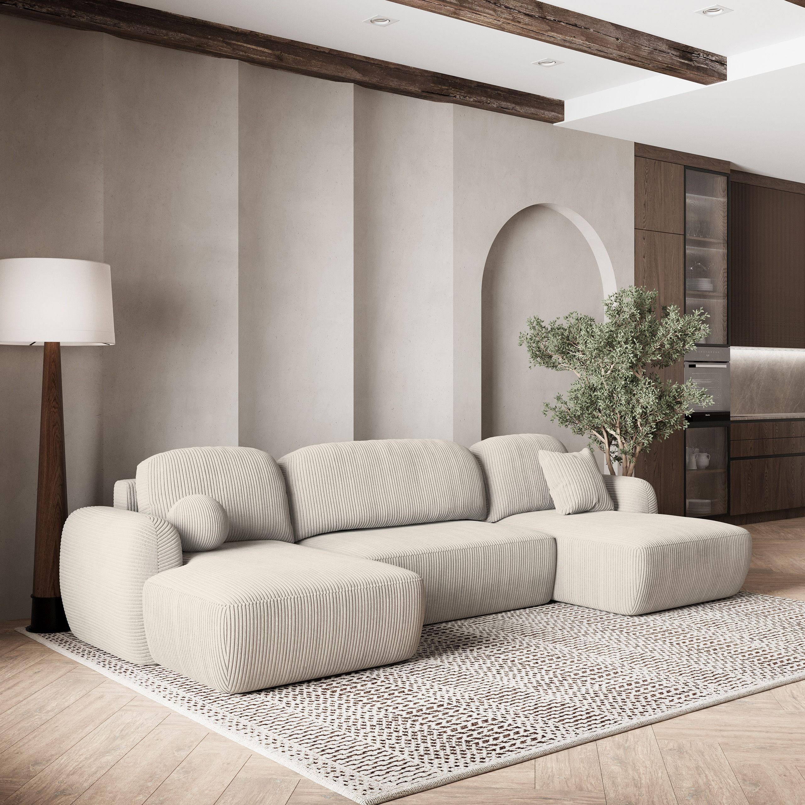 WOHNLANDSCHAFT SAVONA P Creme Kordstoff mit Schlaffunktion - Creme, Holz (350/90/148cm) - MASSENO
