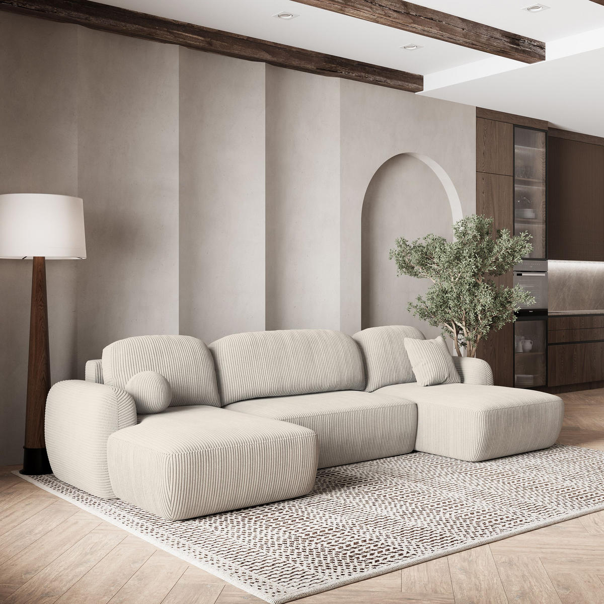 WOHNLANDSCHAFT SAVONA P Creme Kordstoff mit Schlaffunktion - Creme, Holz (350/90/148cm) - MASSENO