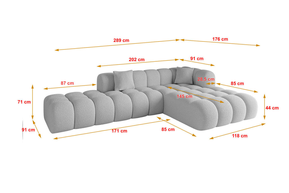 ECKSOFA Ottomane Rechts OLEA-L2 - 289x176x71 cm Hellgrau - Hellgrau/Schwarz, Holzwerkstoff/Kunststoff (289/176cm) - ALTDECOR