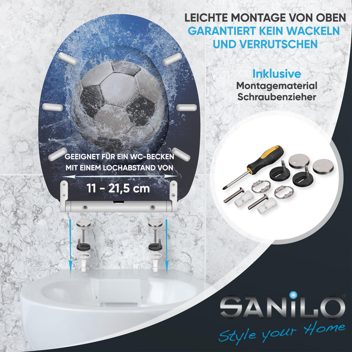 WC-SITZ mit Absenkautomatik & Top Fix Soccer - Blau, Holzwerkstoff (37.7/5.5/48cm) - Sanilo