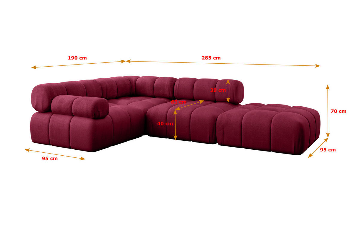 ECKSOFA modulares Sofa Felto-L1 - 285x190x70 cm Bordeauxrot Velours - Bordeaux, Holzwerkstoff/Textil (285/190cm) - ALTDECOR