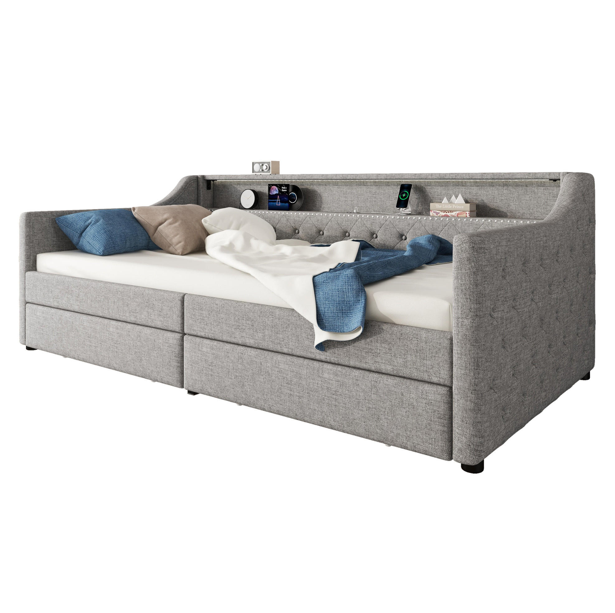 BETT 90/200 cm mit Kopfteil, 2 Schubladen, USB und LED, inkl. Lattenrost, Grau - Grau, Textil (90/200cm) - BEAOK