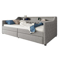 BETT 90/200 cm mit Kopfteil, 2 Schubladen, USB und LED, inkl. Lattenrost, Grau - Grau, Textil (90/200cm) - BEAOK