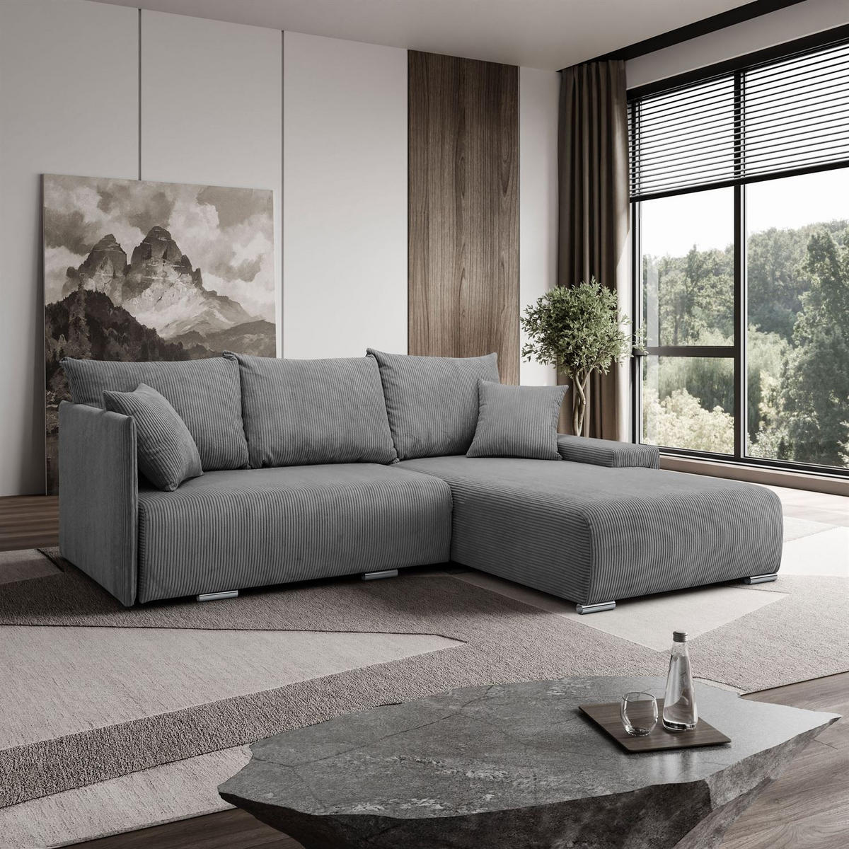 ECKSOFA LAVIO L mit Schlaffunktion und Bettzeugkasten Rechte - Grau, Textil (246/188cm) - Lookway