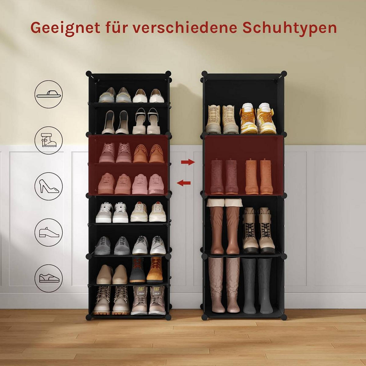 SCHUHREGAL mit 8 Fächern, Schwarz+Weiß - Schwarz/Weiß, Kunststoff/Metall (94/144/36.5cm) - Woltu