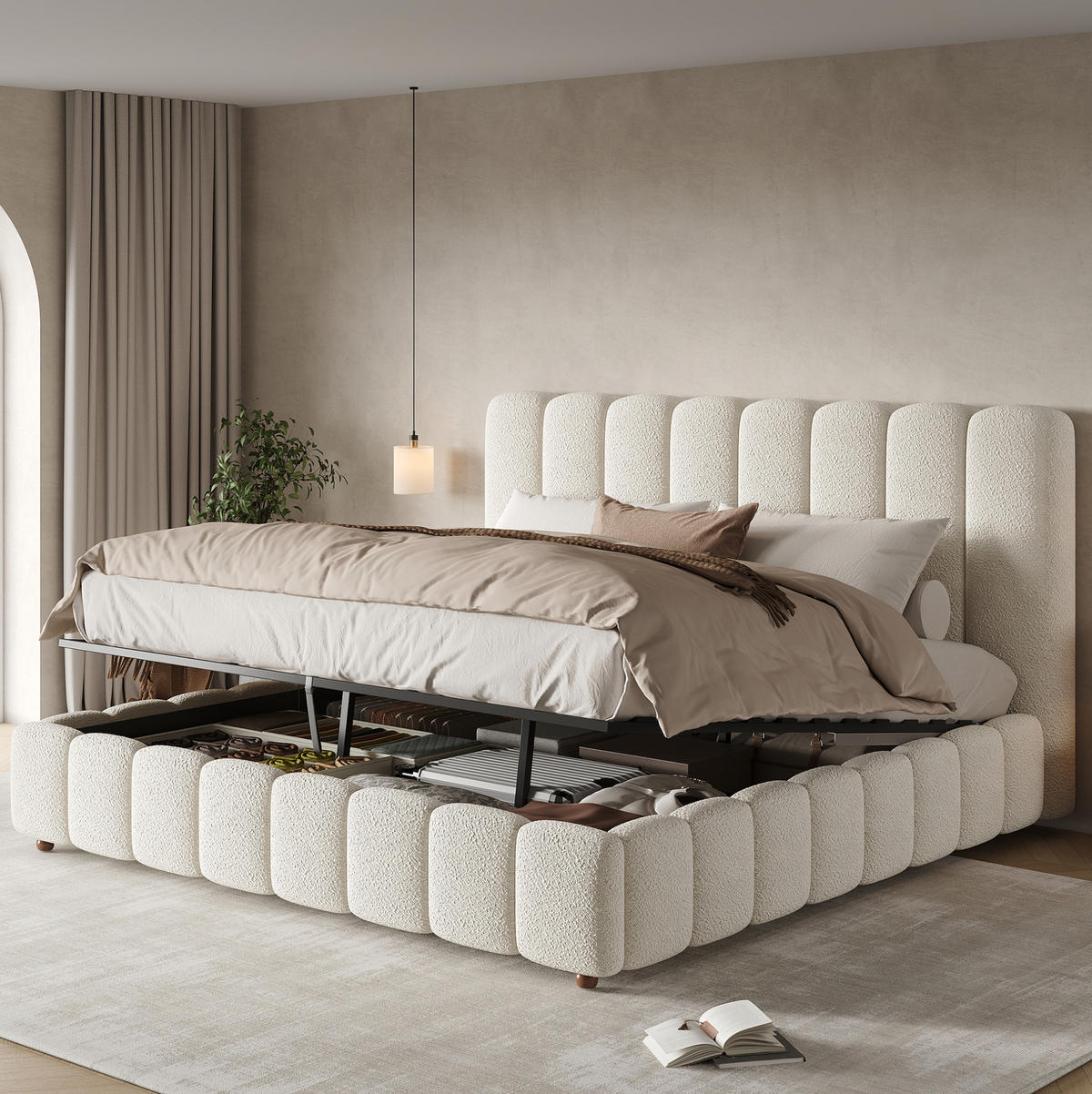POLSTERBETT mit Bouclé-Bezug 200x200 cm Weiß mit hydraulischem Bettkasten und Lattenrost - Weiß, Textil (200/200cm) - Modfu
