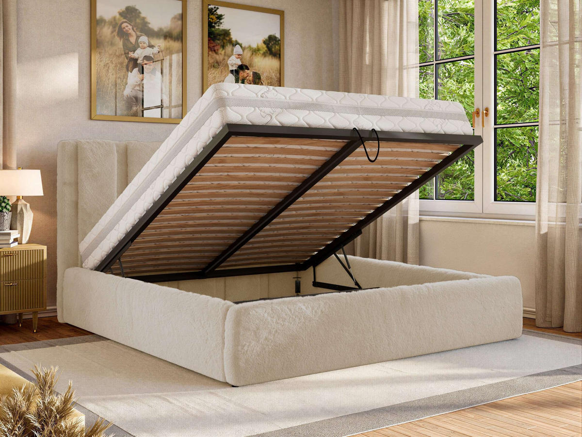 POLSTERBETT SAVINO CLASSIC 160/200 - Creme Plüsch - Schaum-Matratze - Creme, Textil (160/200cm) - MKS