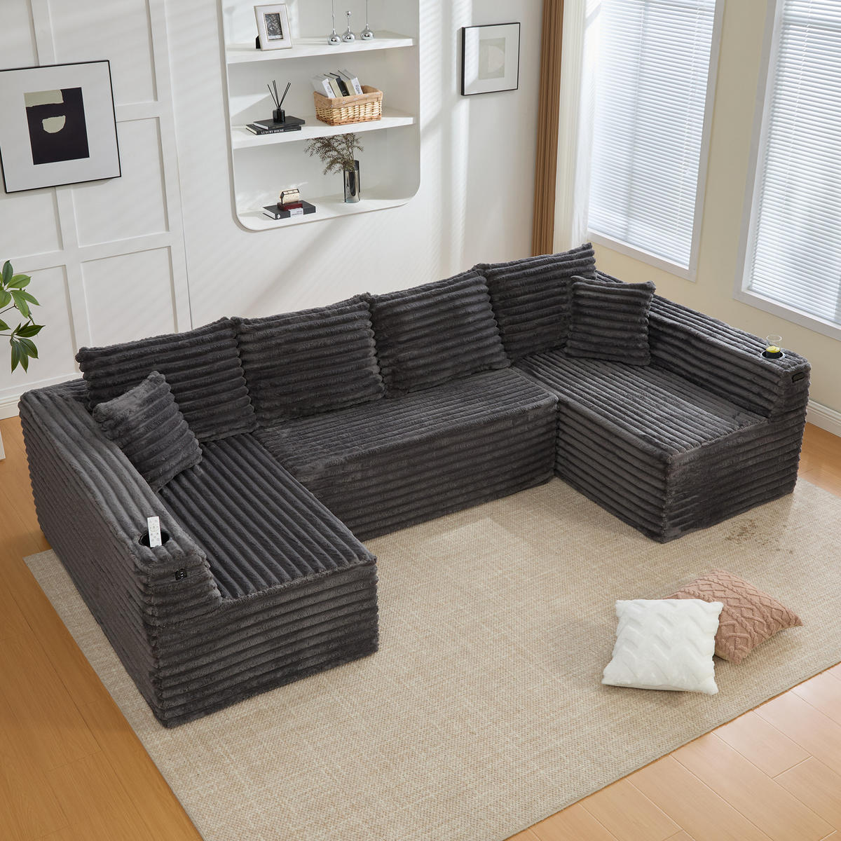 WOHNLANDSCHAFT 320/155/88 cm Dunkelgrau mit Getränkehalter und Seitentasche - Dunkelgrau, Textil (320/88/155cm) - Oxeza