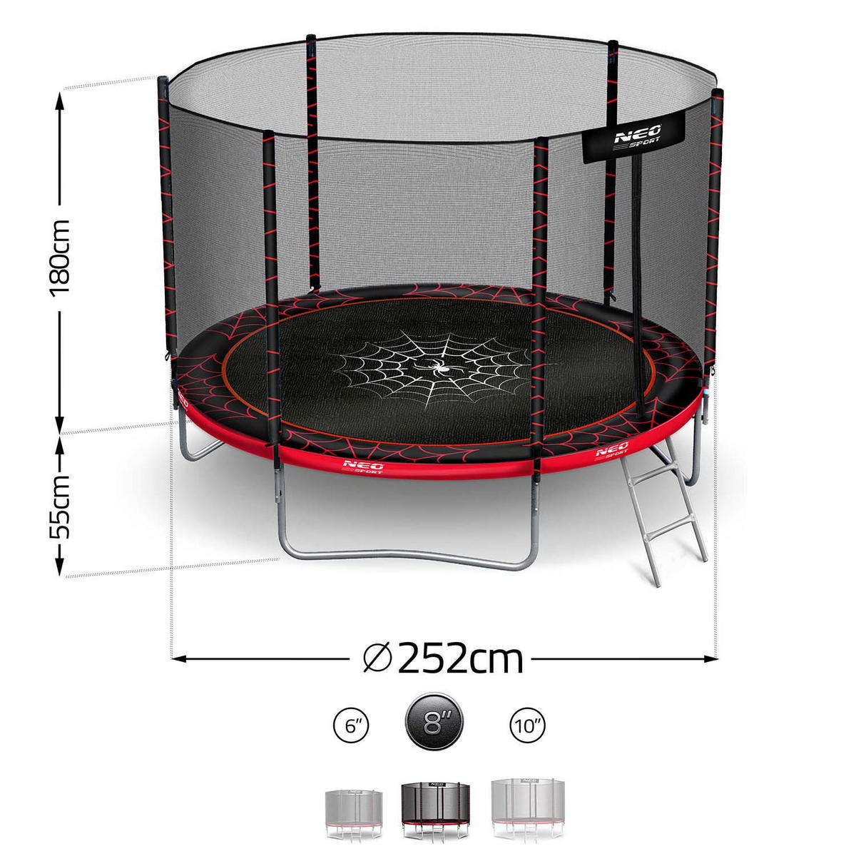 GARTENTRAMPOLIN 8 ft/252 cm mit Außennetz und Leiter - Rot, Metall (252/252cm)