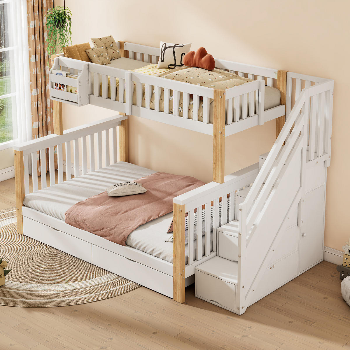 ETAGENBETT 140/200 cm Weiß-Natur mit Treppenschrank Stauraum und Schublade aus Massivholz - Weiß, Holzwerkstoff (90/200cm) - OKWISH