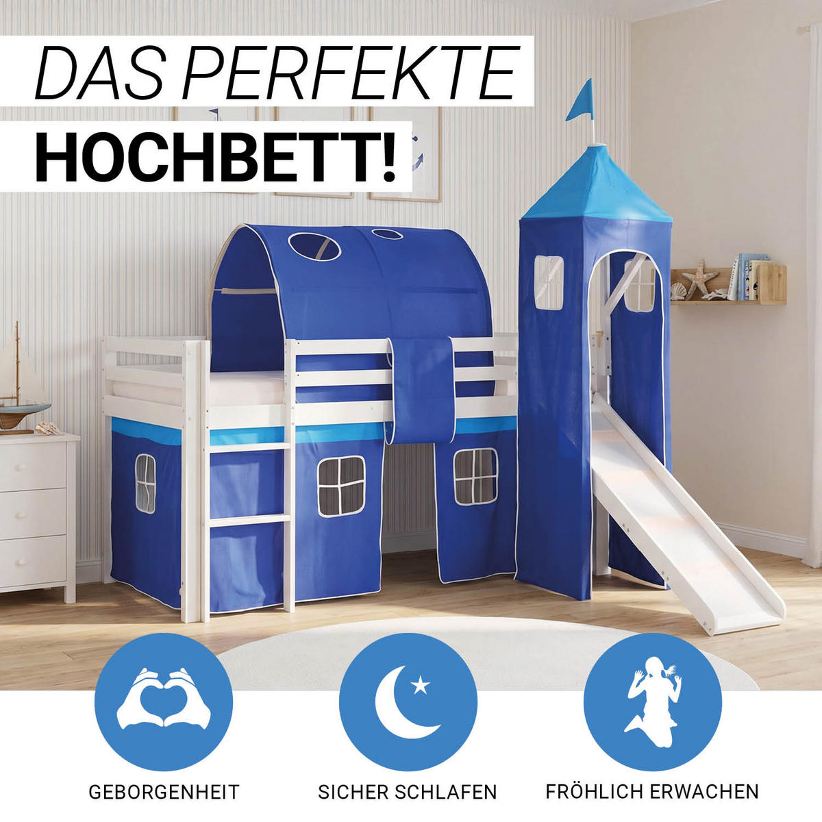 HOCHBETT 90/200 cm in Blau mit Lattenrost + Matratze - Blau/Weiß, Holz - Homestyle4u