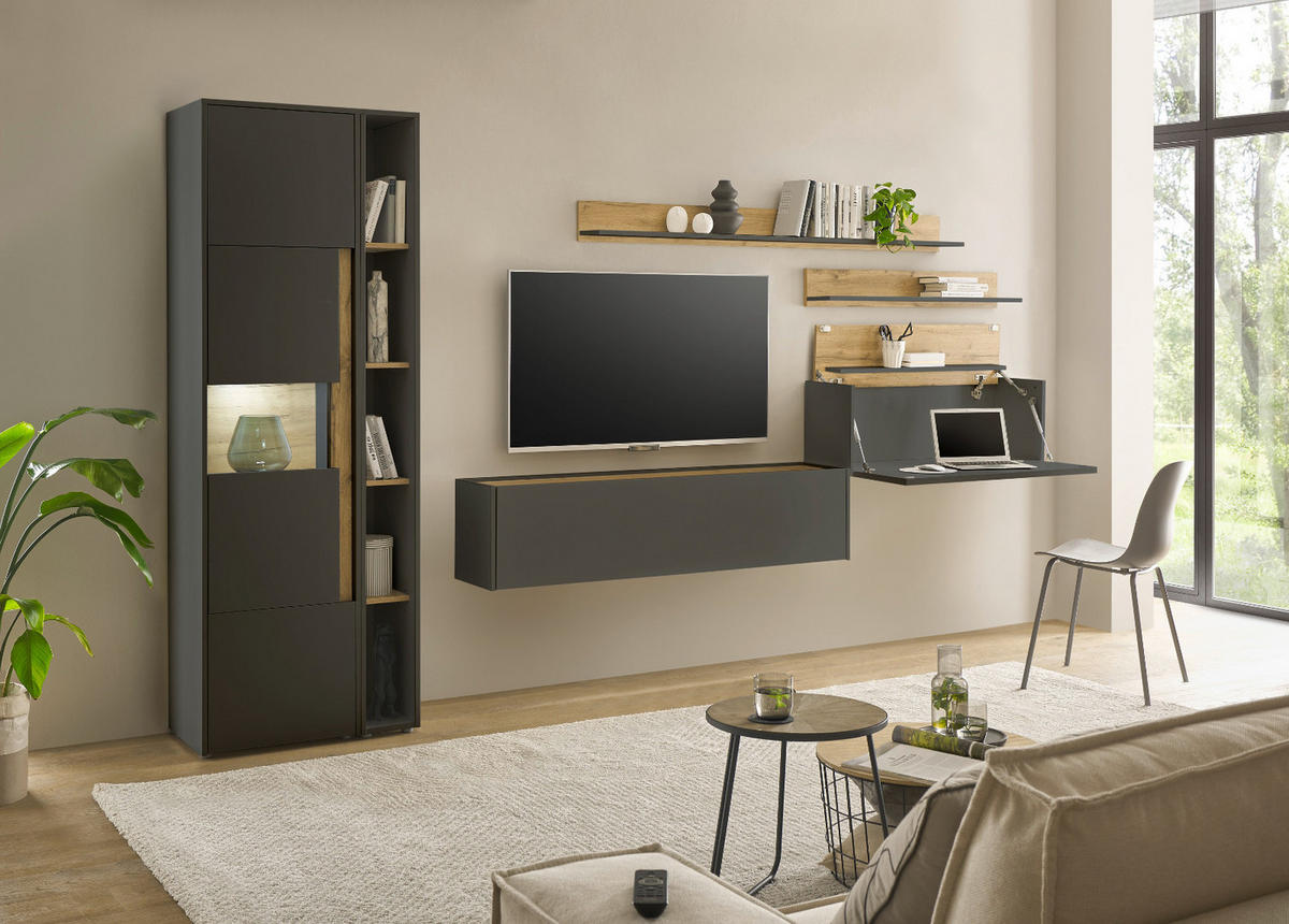 WOHNWAND mit Sekretär grau matt, Eiche Wotan 340 cm, Wohnkombination 6-teilig - Eiche Wotan/Grau, Holzwerkstoff/Kunststoff (340/200/40cm) - Furn.Design