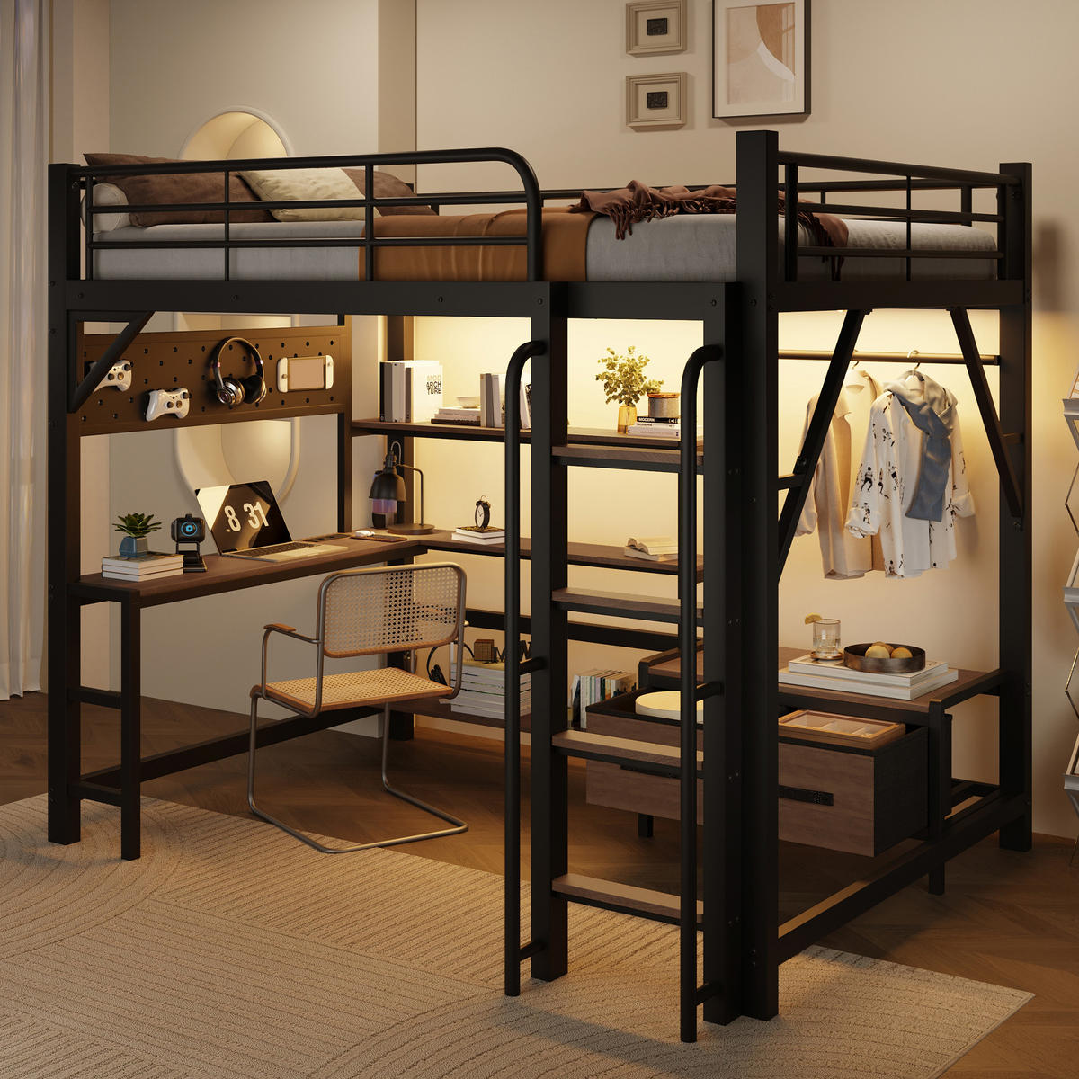 HOCHBETT 140x200cm, Eisen, Lochwand, Regale, Schubladen, Schreibtisch, USB, LED, Geländer, ohne Matratze, Schwarz - Schwarz, Holzwerkstoff (140/200cm)