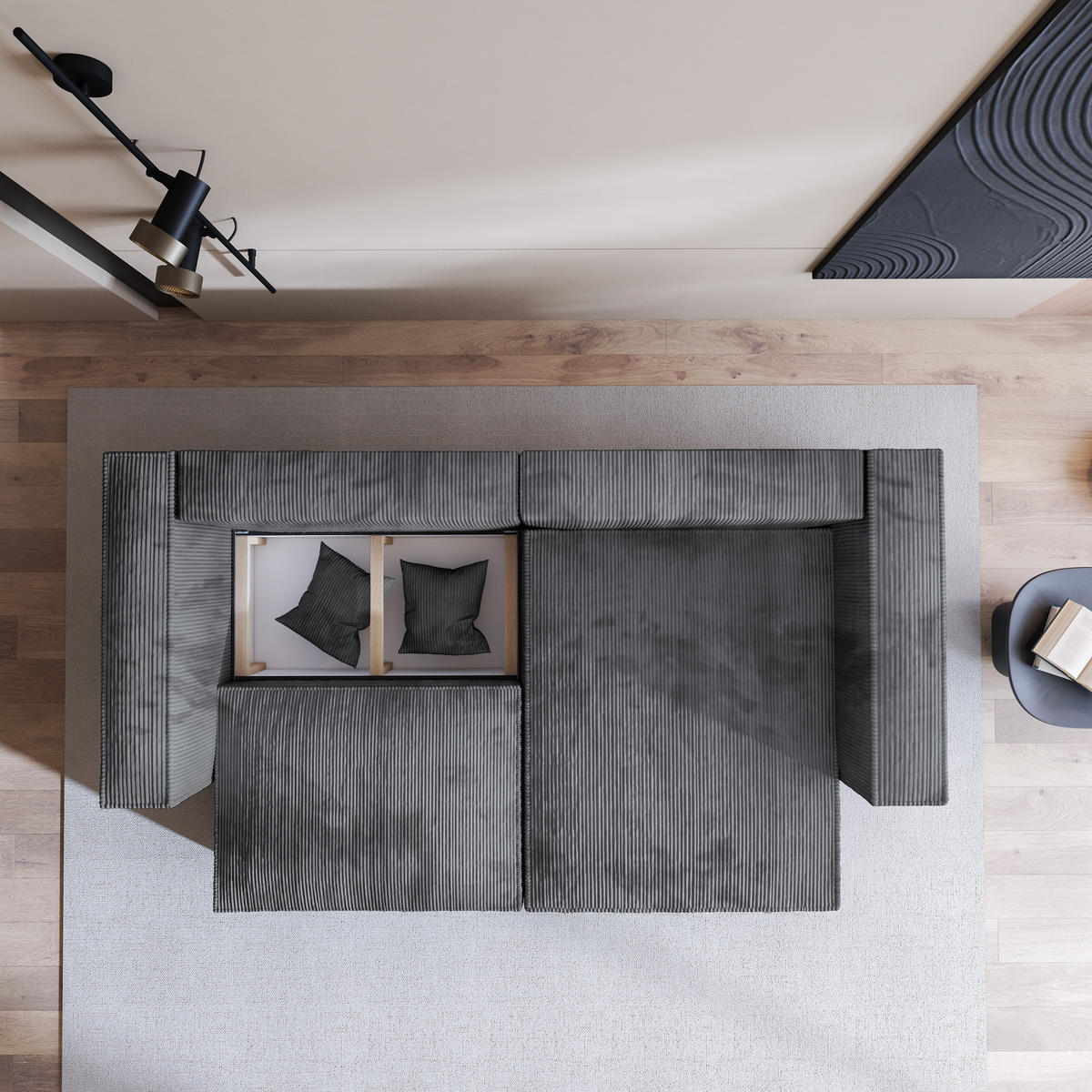 ECKSOFA NERIO P Grau Kordstoff mit Schlaffunktion - Grau, Holz (245/148cm) - MASSENO