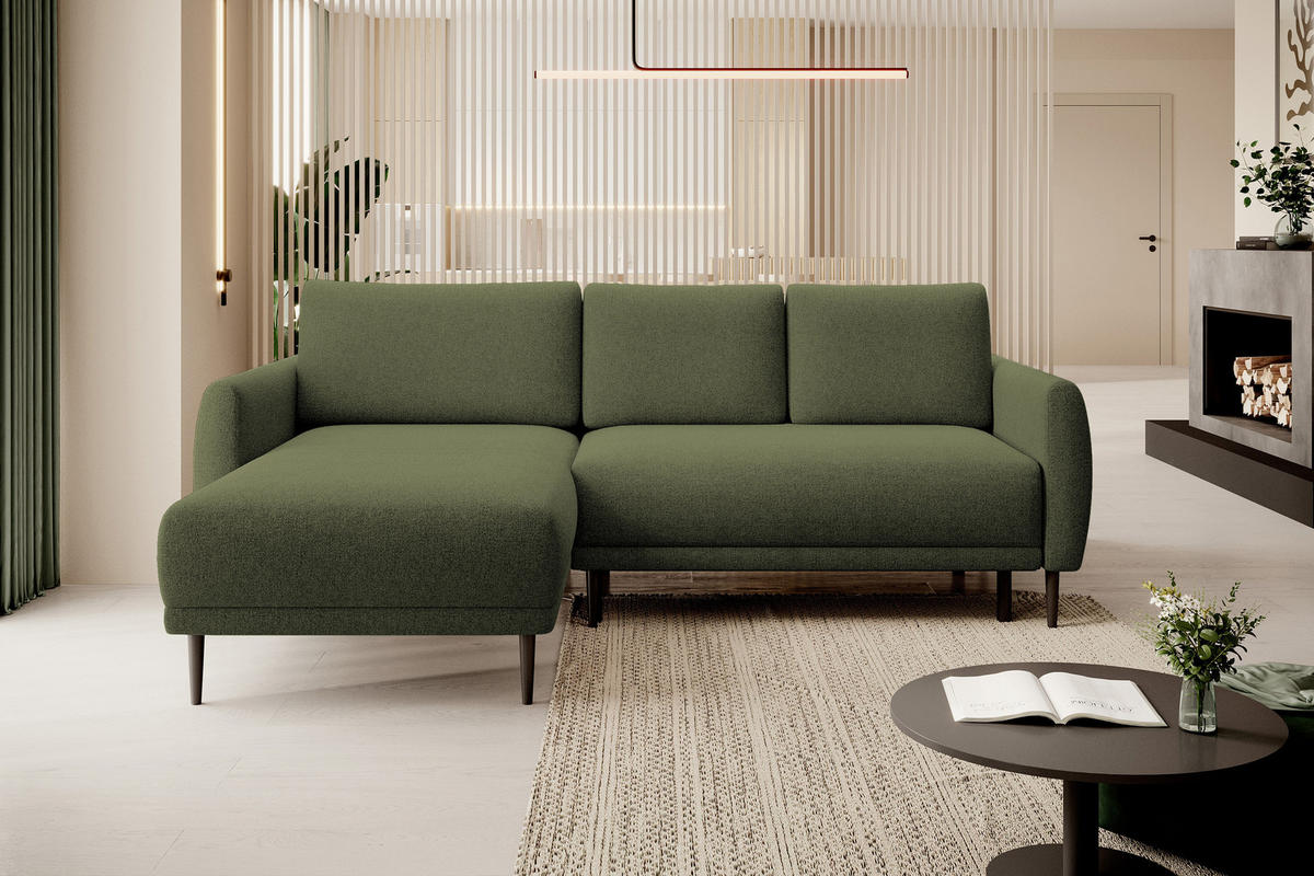 ECKSOFA BONO Stilvolles Sofa mit Schlaffunktion, Robuste Holzfüße, Elegante Armlehnen, Tiefe Sitzfläche 226x164x88cm, Linke, Grün - Grün, Holz/Textil (164/226cm) - DomoHome