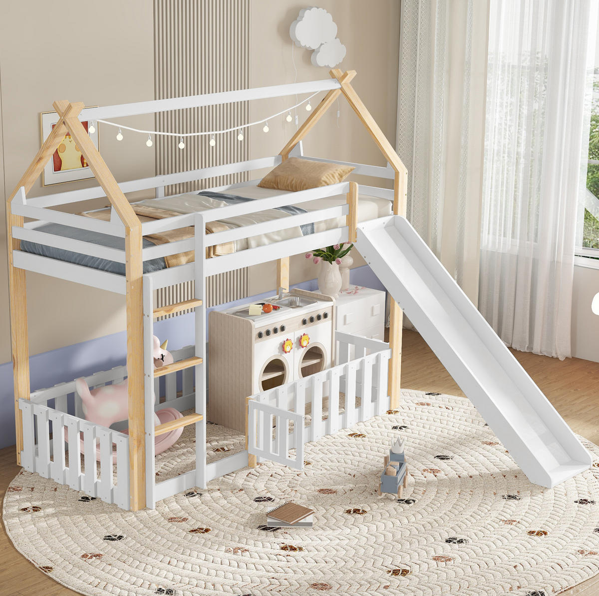 ETAGENBETT 90/200 cm mit Rutsche, Dachform, Freiraum mit Zaun und Leiter, Weiß/Natur - Weiß, Holzwerkstoff (90/200cm) - Redom