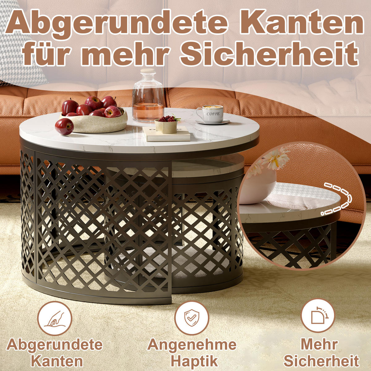 COUCHTISCH-SET 70/70/45 cm und 45/45/35 cm mit Marmor-Optik, pet-freundlich und stapelbar, Weiß - Weiß, Metall (70/70/45cm) - Redom