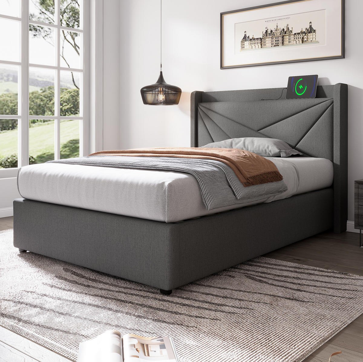 POLSTERBETT 90/200 cm Grau mit Stauraum und USB- und Type-C-Anschlüssen - Grau, Textil (90/200cm) - Flora Grace