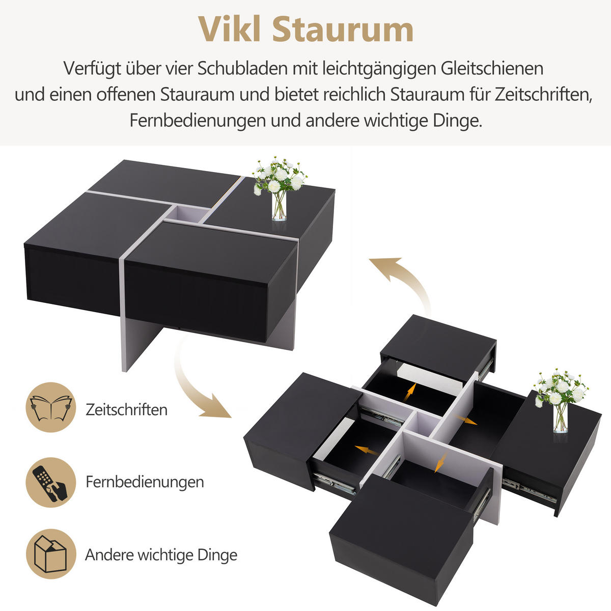 COUCHTISCH Hochglanz Oberfläche Schwarz Weiß mit 4 Schubladen und offenem Stauraum - Schwarz, Holzwerkstoff/Metall (70/70/35cm) - Urban Meuble