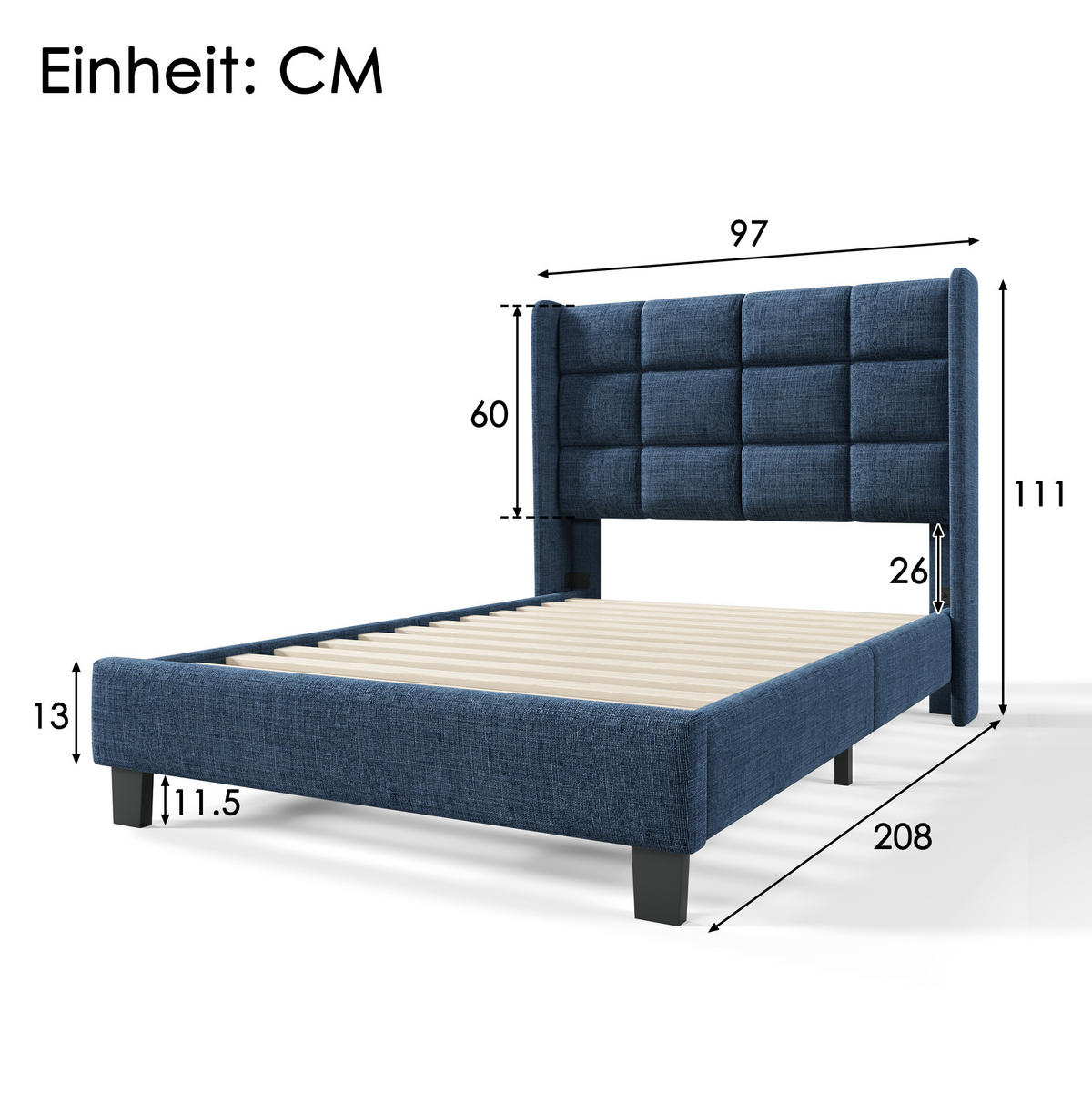 POLSTERBETT 90/200 cm Blau aus Leinen mit Lattenrost - Blau, Textil (90/200cm) - OKMYHOME
