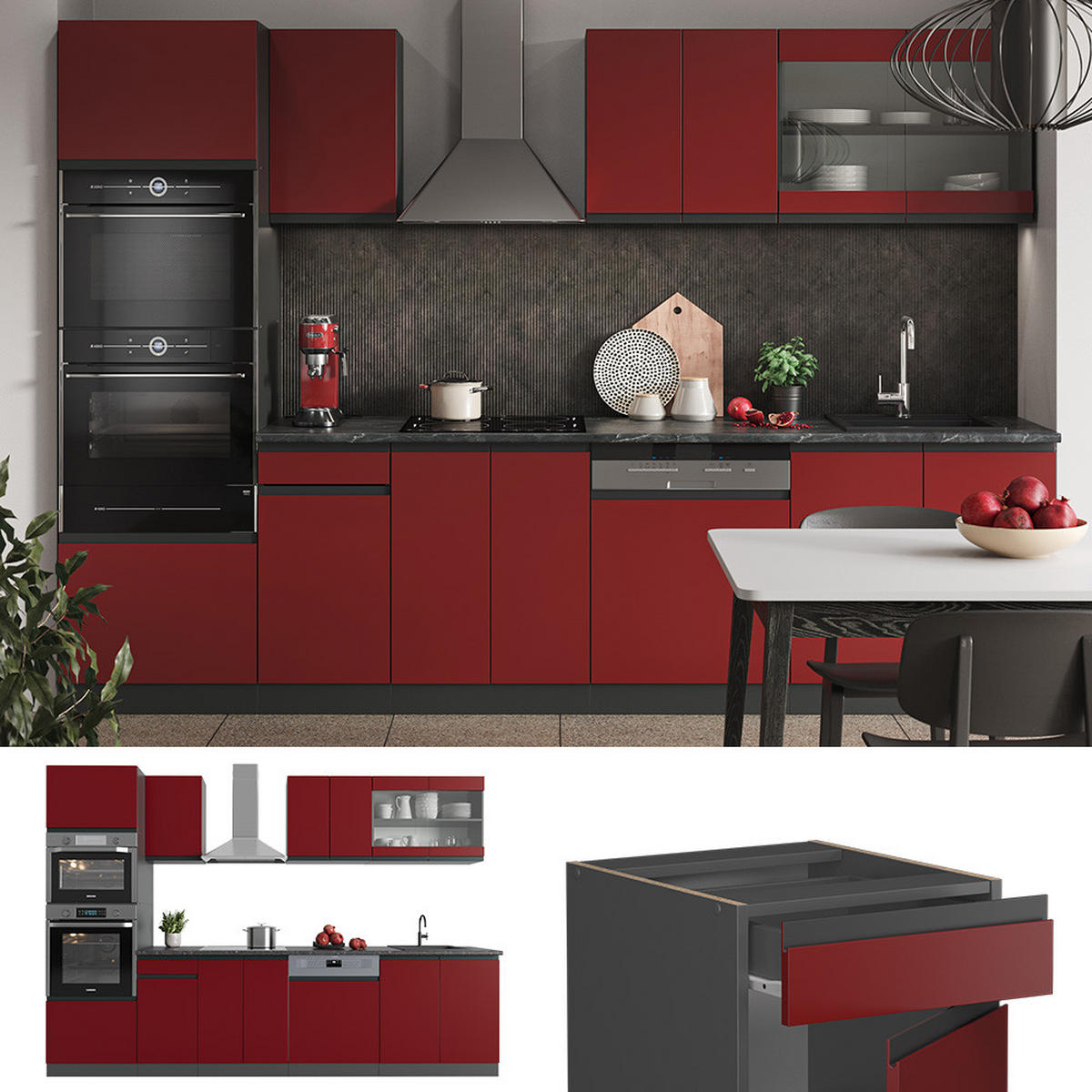 KÜCHENZEILE R-Line Rot/Anthrazit 300 cm mit Hochschrank, AP Eiche - Anthrazit/Rot, Holzwerkstoff (300/81.6/60cm) - Vicco