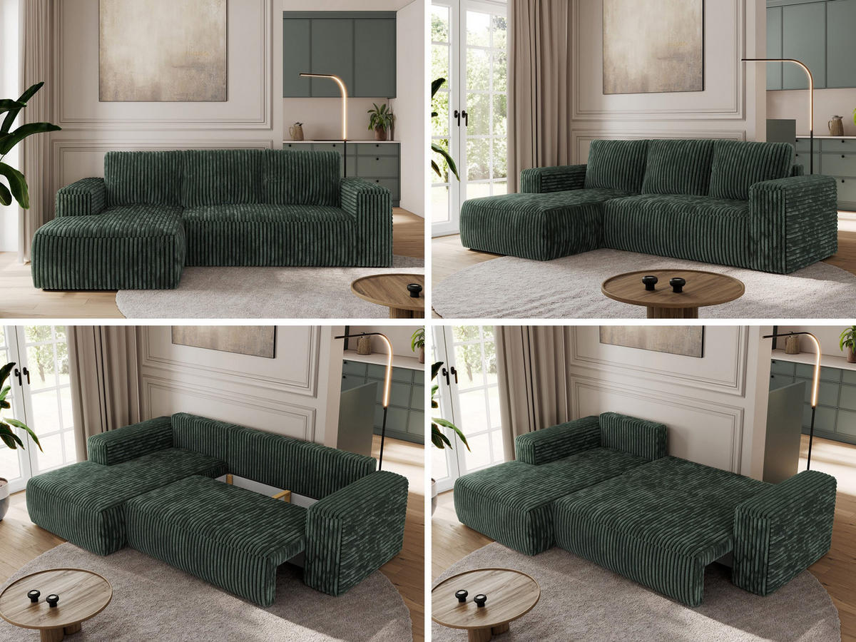 ECKSOFA TRENTINO L Grün Cord - Links - Schwarz/Grün, Textil (266/164cm) - MKS