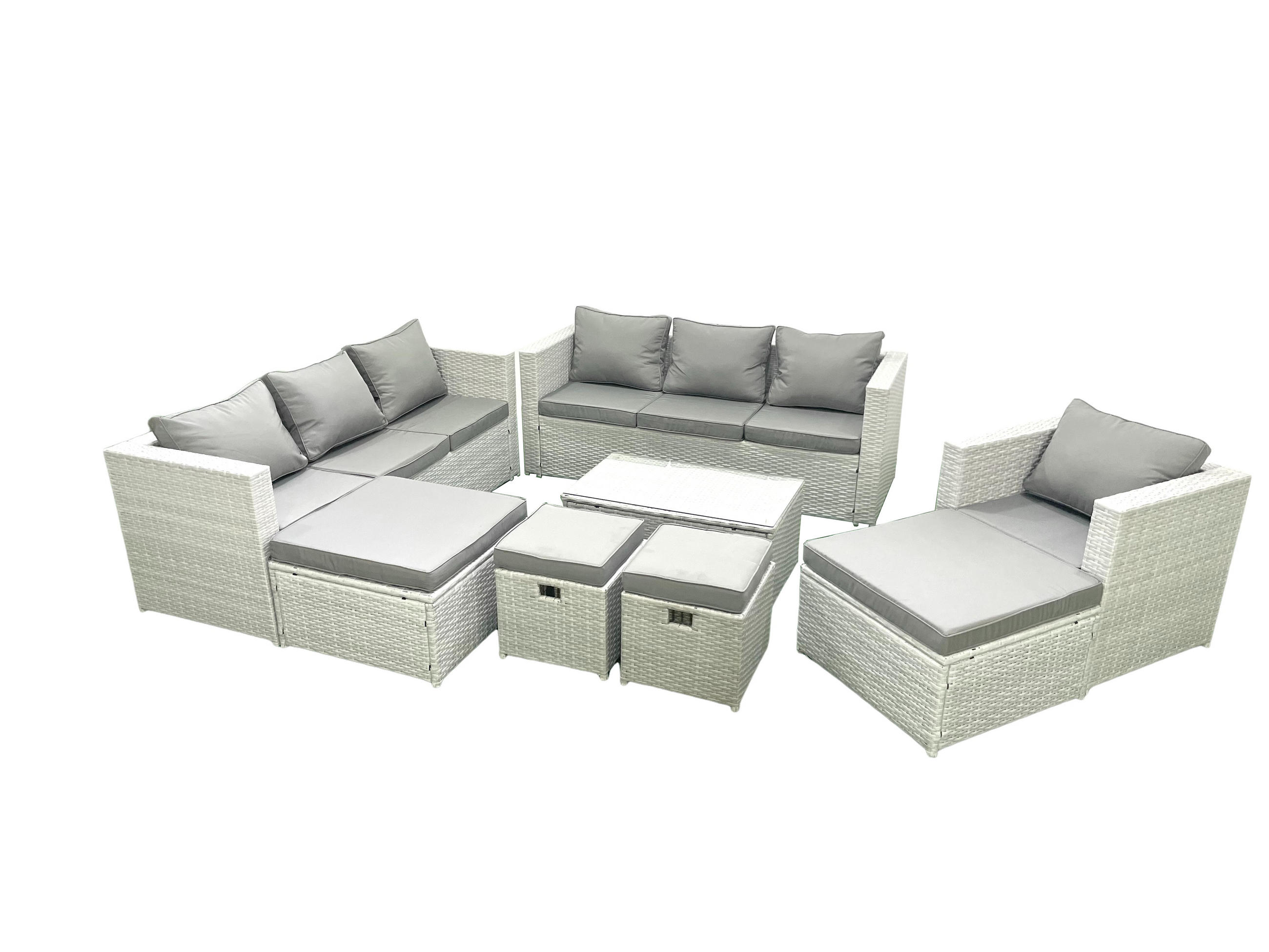 GARTENSET mit 3-SITZER SOFA,COUCHTISCH Polyrattan Hellgrau-Mix 11-Sitzer - Hellgrau/Grau, Glas/Kunststoff - Fimous