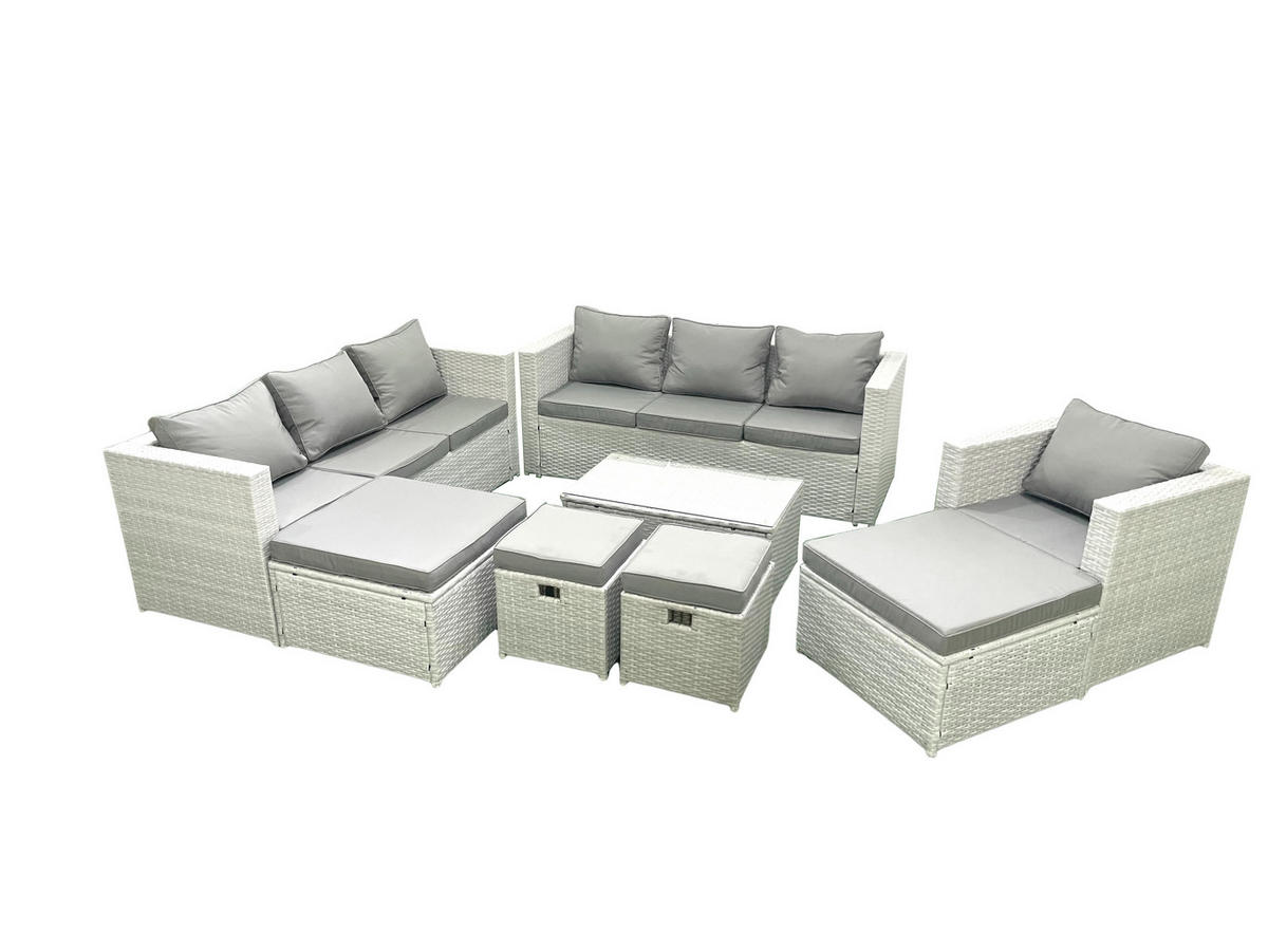 GARTENSET mit 3-SITZER SOFA,COUCHTISCH Polyrattan Hellgrau-Mix 11-Sitzer - Hellgrau/Grau, Glas/Kunststoff - Fimous