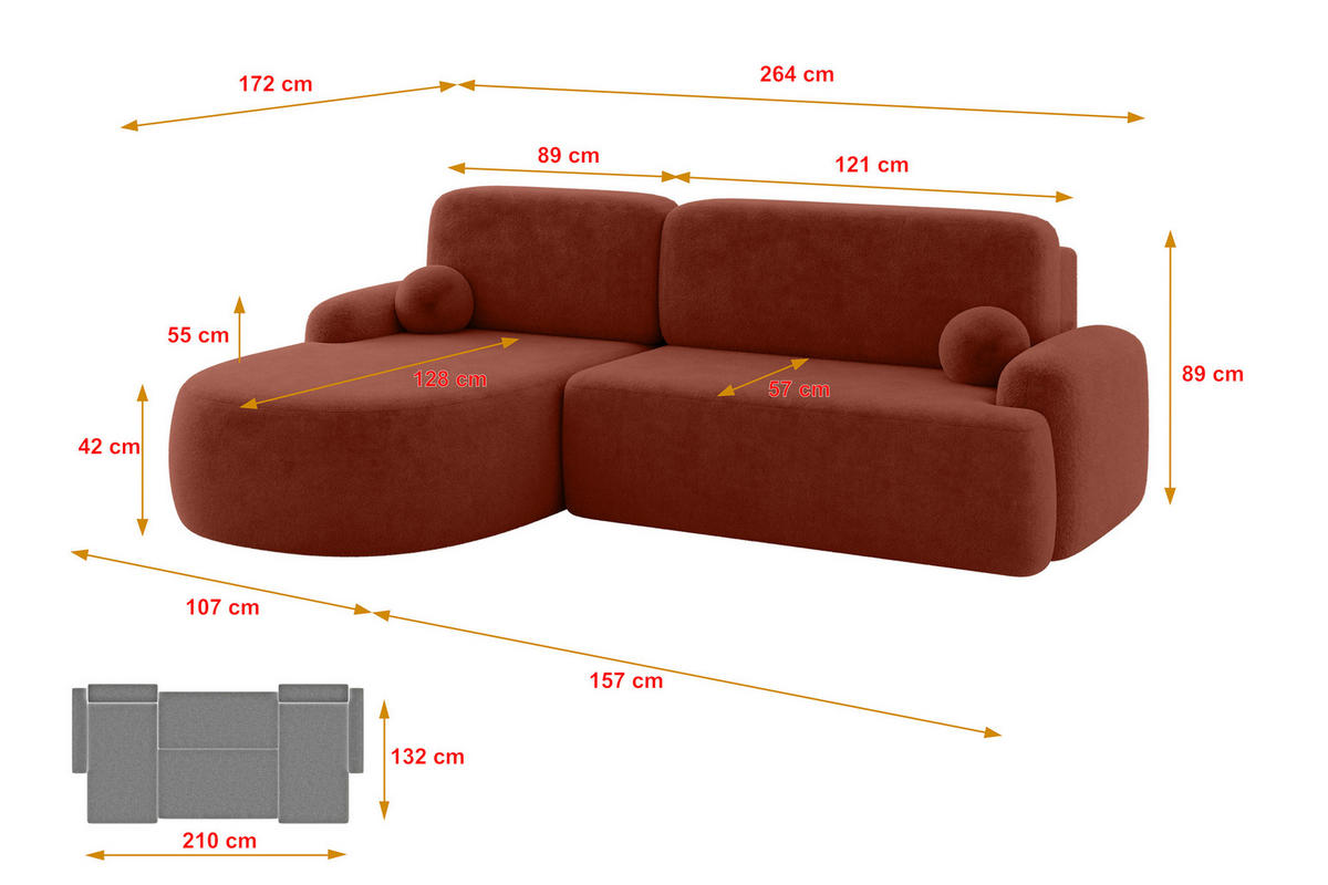 ECKSOFA mit Schlaffunktion und Bettkasten LIRA-L - 264x172x89 Terrakotta - Kupferfarben, Holzwerkstoff/Textil (264/172cm) - ALTDECOR