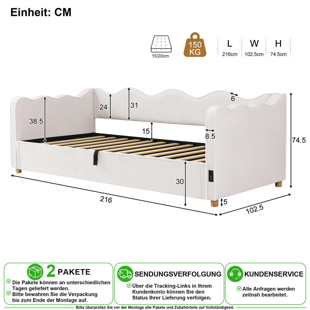 POLSTERBETT 90/200 cm in Beige Samt mit Bettkasten, USB und Type-C - Beige, Holzwerkstoff/Textil (90/200cm) - CHICFURN