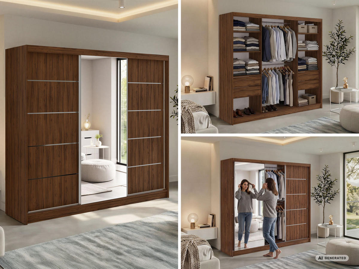 SCHWEBETÜRENSCHRANK 240 - SKORIA - Warmia Walnuss mit Spiegel - Walnussfarben/Alufarben, Holzwerkstoff/Metall (240/216/61cm) - MKS