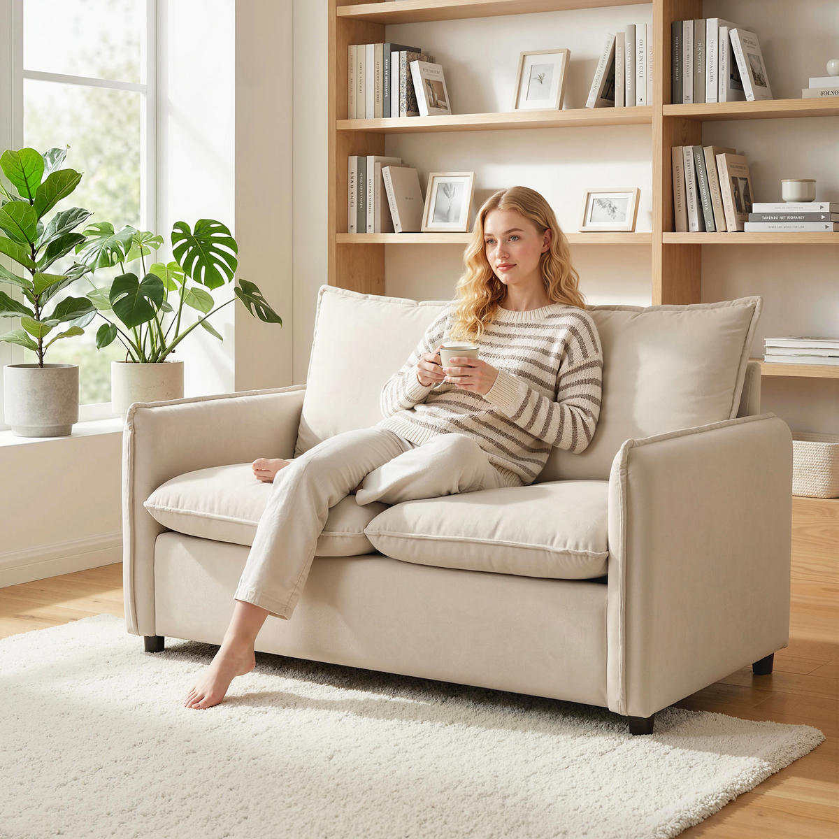 SOFA, 2-Sitzer, Lederoptik, dicke Polsterung, 2 Kissen, Armlehnen, creme - Multicolor, Holzwerkstoff (131/80/73cm) - FORIOUS