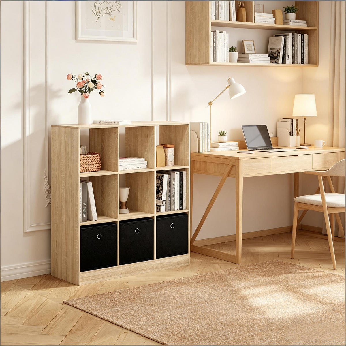 BÜCHERREGAL Schwarz/Eiche hell mit 3 Stoffschubladen 80/30/86.5 cm - Schwarz, Holzwerkstoff (80/86.5/30cm) - PANGIVO