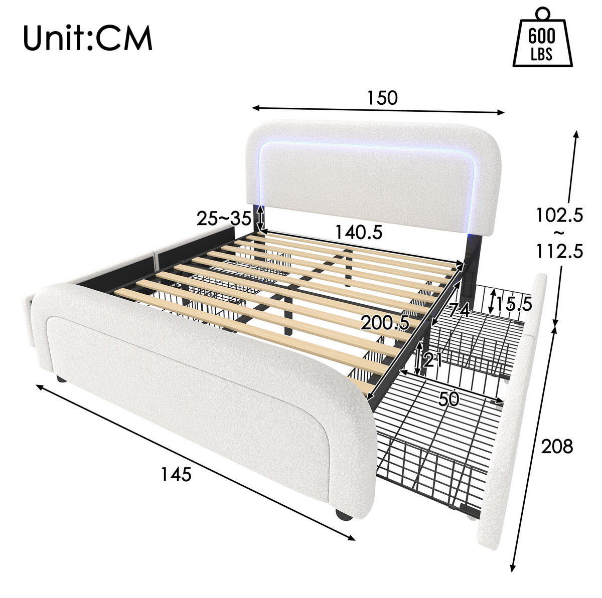POLSTERBETT mit Matratze 140/200 cm aus Sherpa mit USB-C, LED und 4 Schubladen Weiß - Weiß, Fell (140/200cm) - Modenvie
