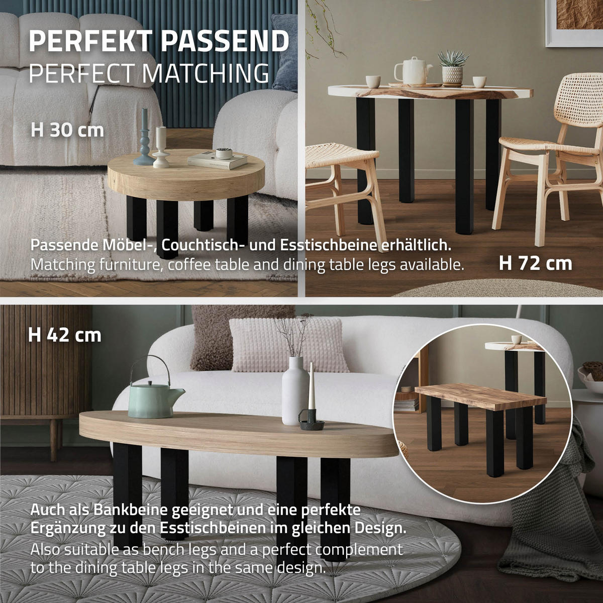 TISCHBEINE 4er Set I-Design H:90 cm Schwarz 8x8 cm - Schwarz, Metall (8/90/8cm) - ML-DESIGN