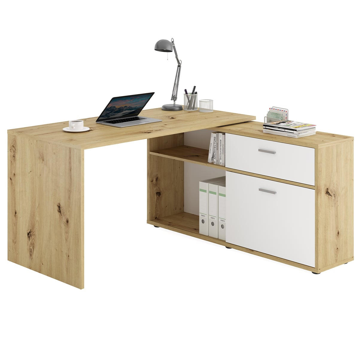 ECKSCHREIBTISCH mit niedrigem Stauraum, umwandelbar, L138cm - Diego - Eiche Artisan, Holzwerkstoff (39.5/138/75cm) - Calicosy