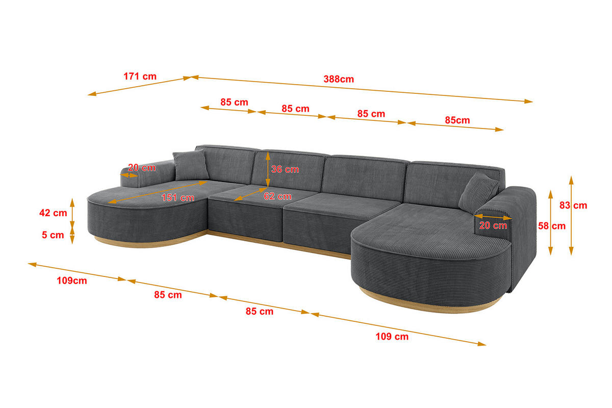WOHNLANDSCHAFT MARI-U2-v2 - 388x171x83 cm Dunkelgrau Cord - Dunkelgrau, Holzwerkstoff/Textil (388/83/171cm) - ALTDECOR